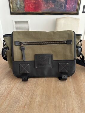 Coach Olive Canvas Messenger Bag with Black Leather Trim